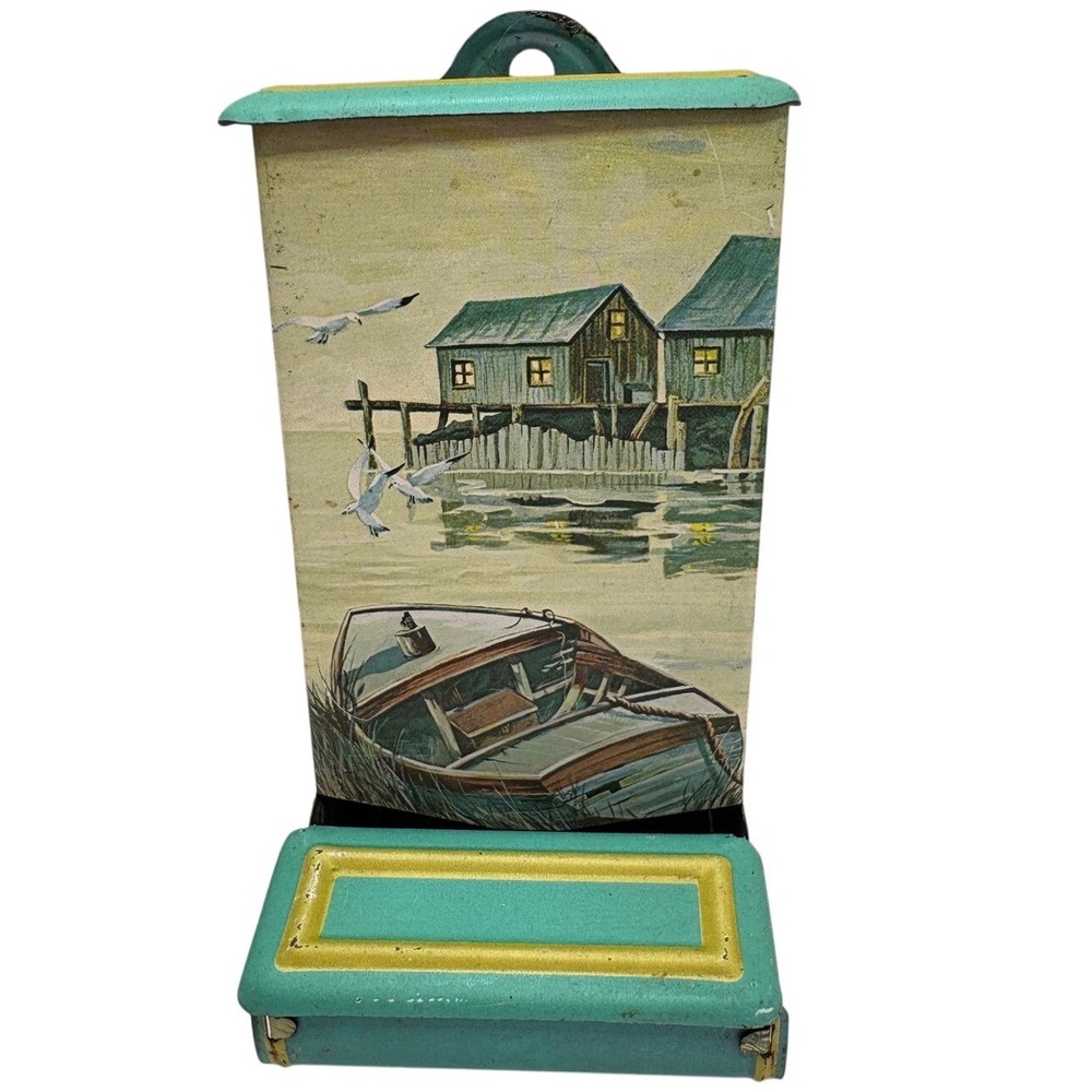 Jasco Hong Kong Tin Match Holder Dispenser Nautical Boat Scene Teal Vintage